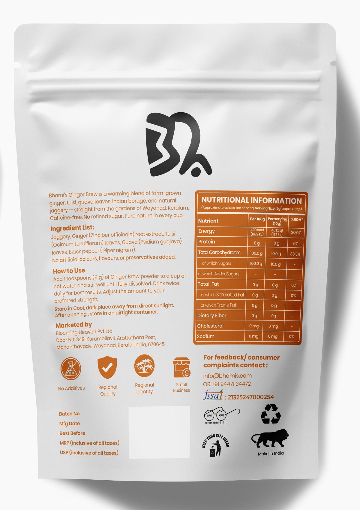 Bhami's® Ginger Brew — Pure & Natural Fine Powdered Drink Mix | Tulsi, Ginger, Guava Leaves & Jaggery | Caffeine-Free | No Refined Sugar