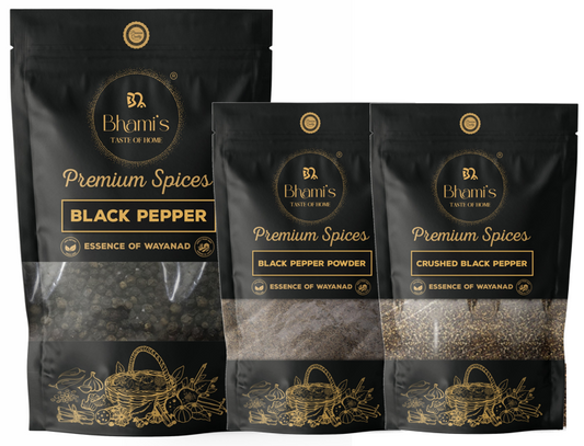 Bhami's® Wayanad Black Pepper Complete Pack 400g  (Whole 200g + Crushed 100g + Powder 100g)