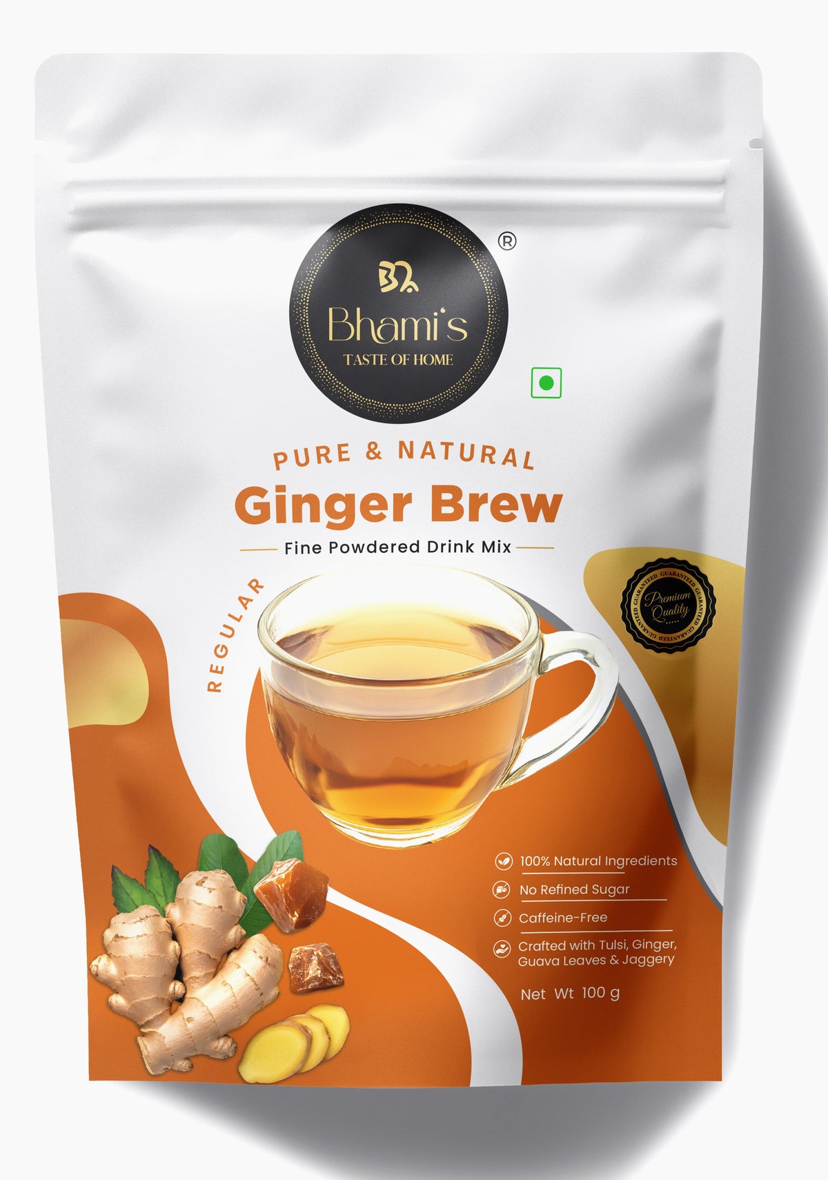 Bhami's® Ginger Brew — Pure & Natural Fine Powdered Drink Mix | Tulsi, Ginger, Guava Leaves & Jaggery | Caffeine-Free | No Refined Sugar